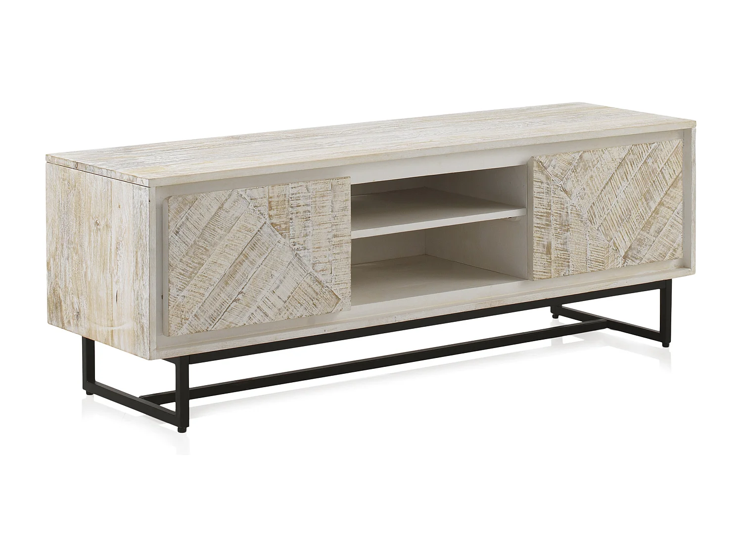 Meuble TV en bois massif de manguier blanc patiné