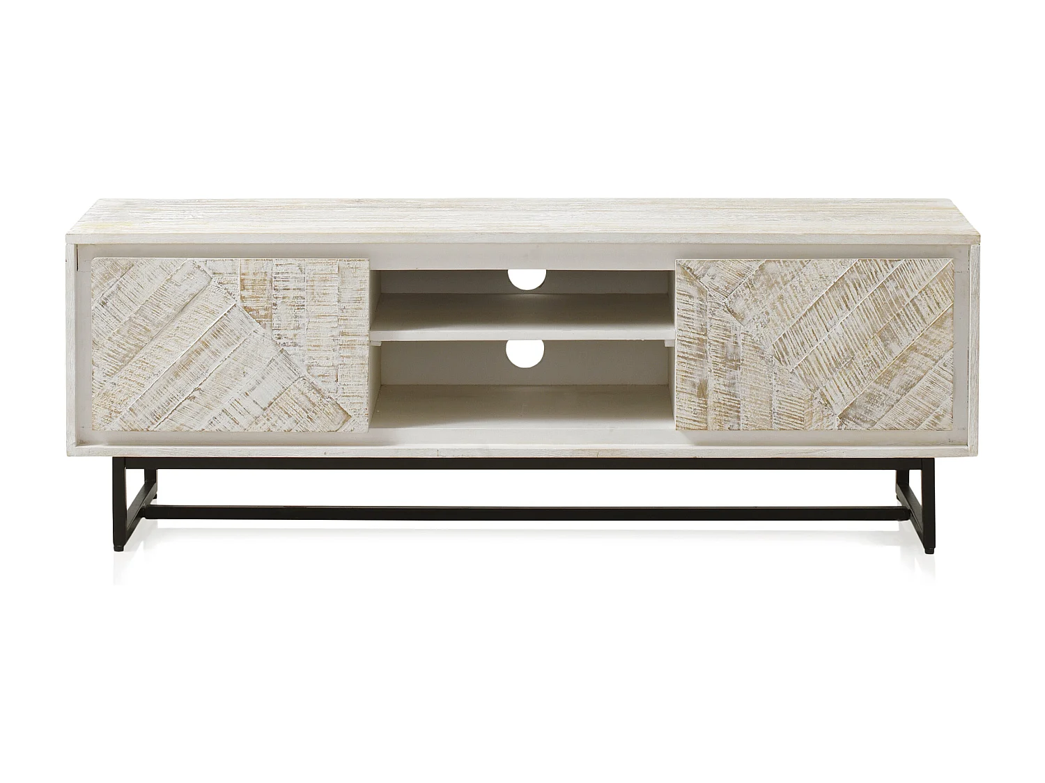 Meuble TV en bois massif de manguier blanc patiné