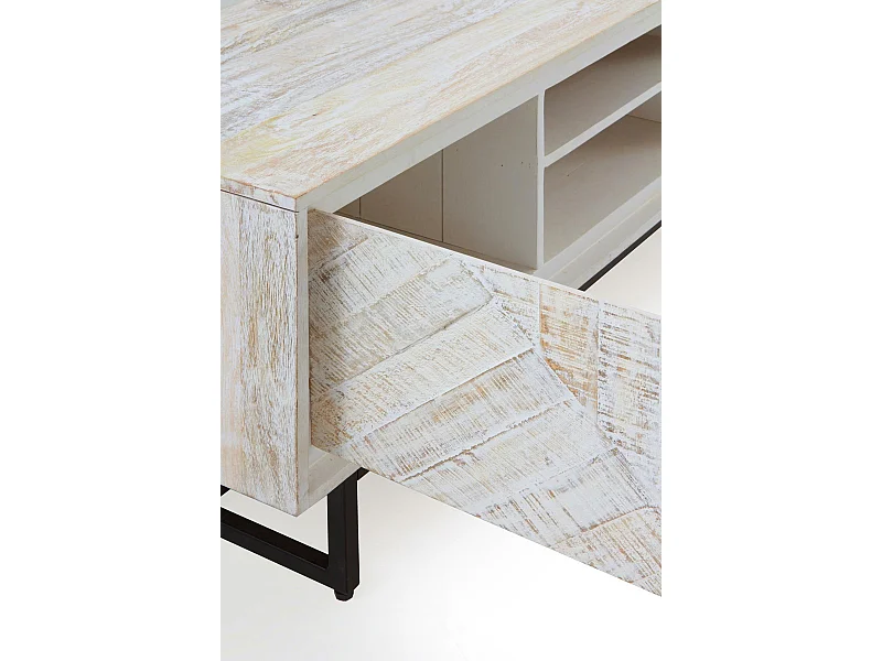 Meuble TV en bois massif de manguier blanc patiné