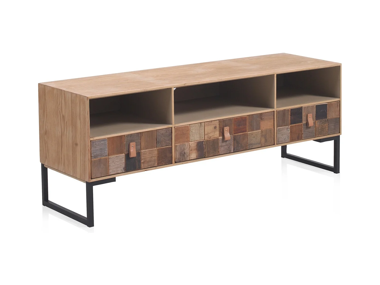 Meuble TV plaqué en frêne avec façade en bois recyclé