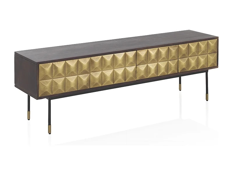 Armário TV em madeira de manga maciça 4 portas com frente em latão dourado