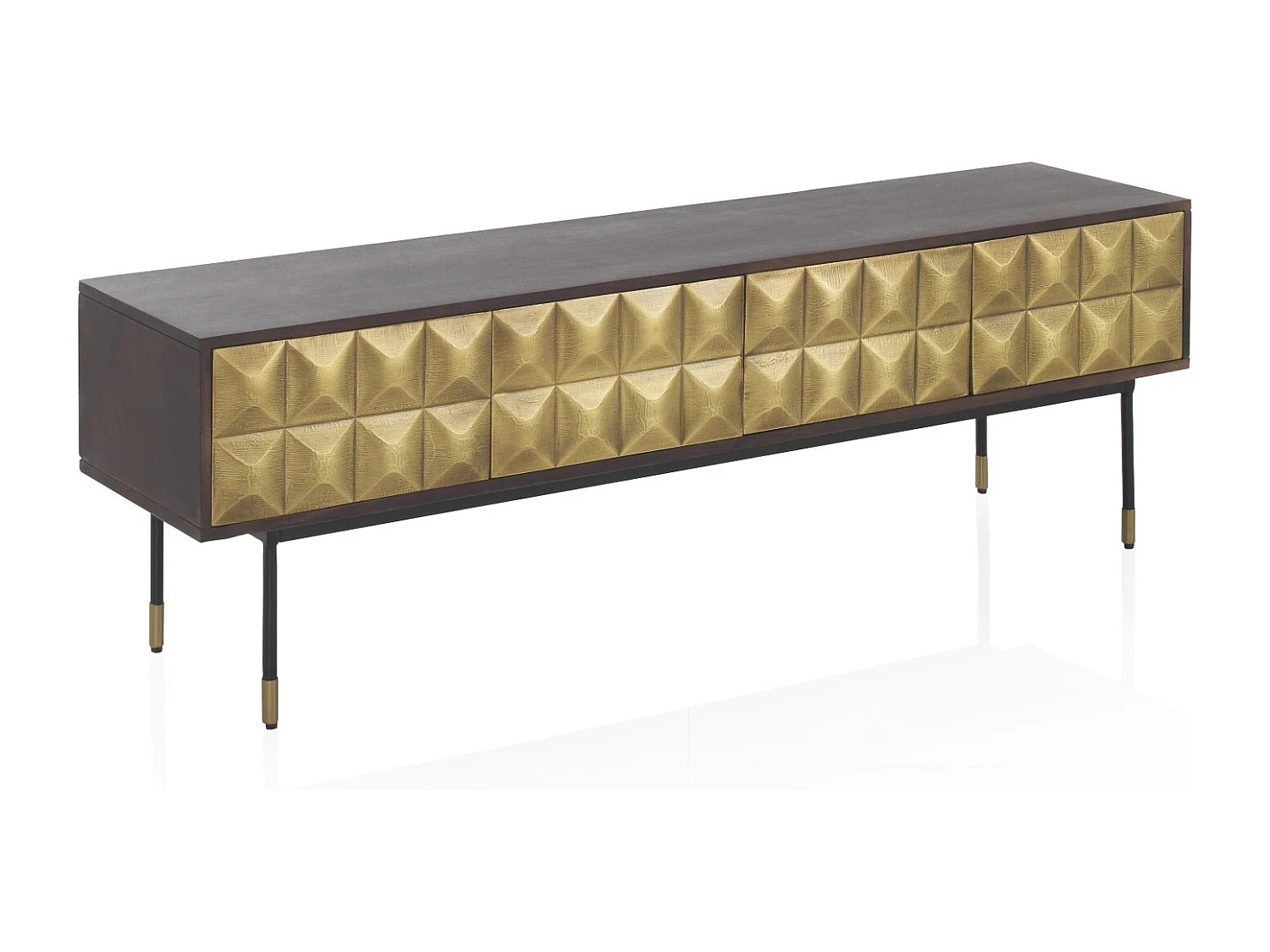 Meuble TV 4 portes en bois de manguier massif avec façade en laiton doré