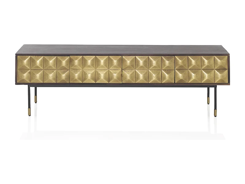 Meuble TV 4 portes en bois de manguier massif avec façade en laiton doré