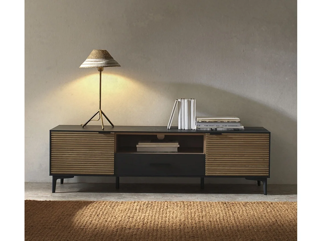 Meuble TV plaqué en bois de frêne noir avec portes naturelles