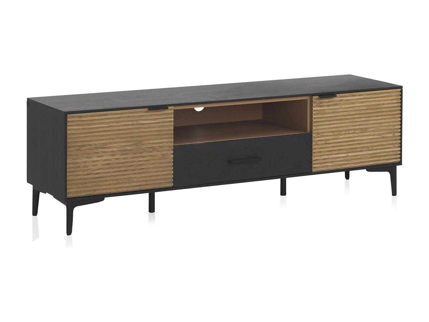 Meuble TV plaqué en bois de frêne noir avec portes naturelles