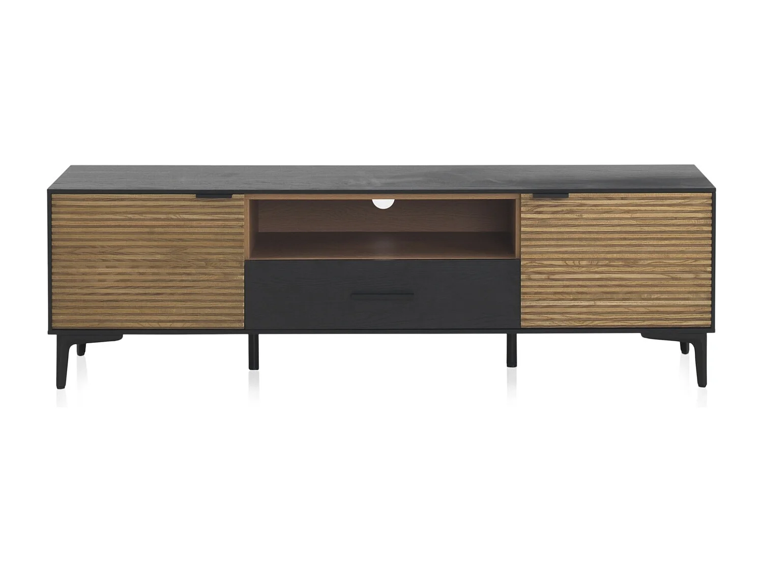 Meuble TV plaqué en bois de frêne noir avec portes naturelles