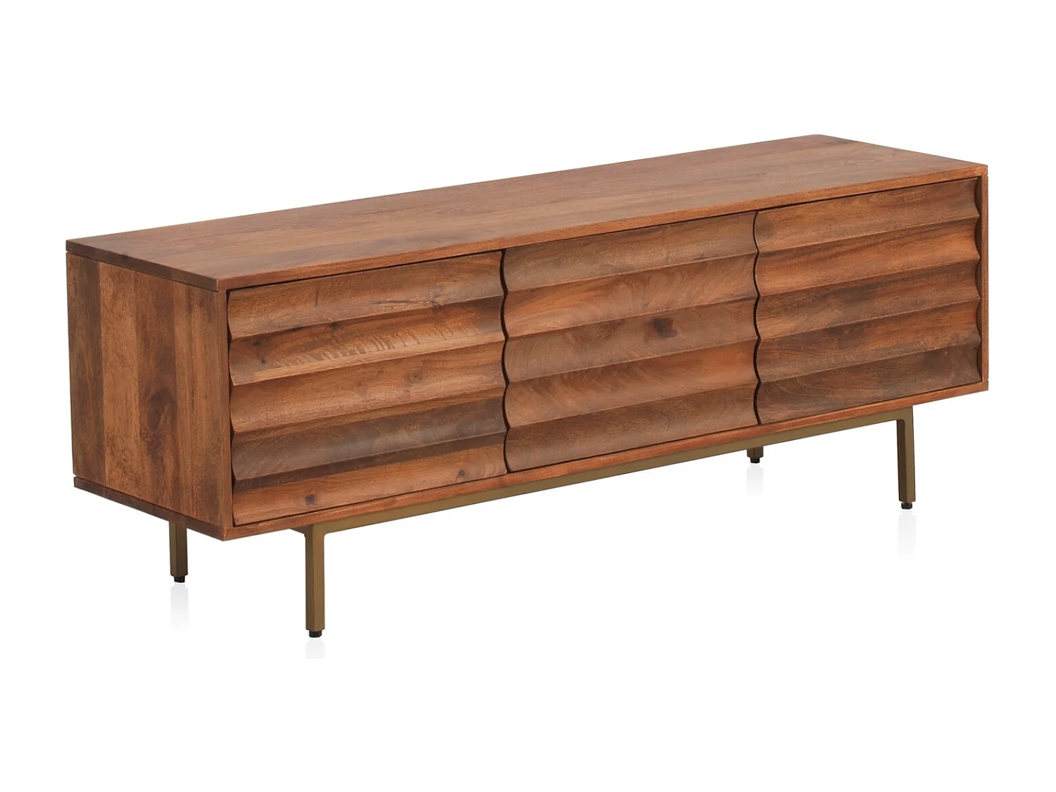Mueble TV 3 puertas madera de mango maciza y patas de metal dorado