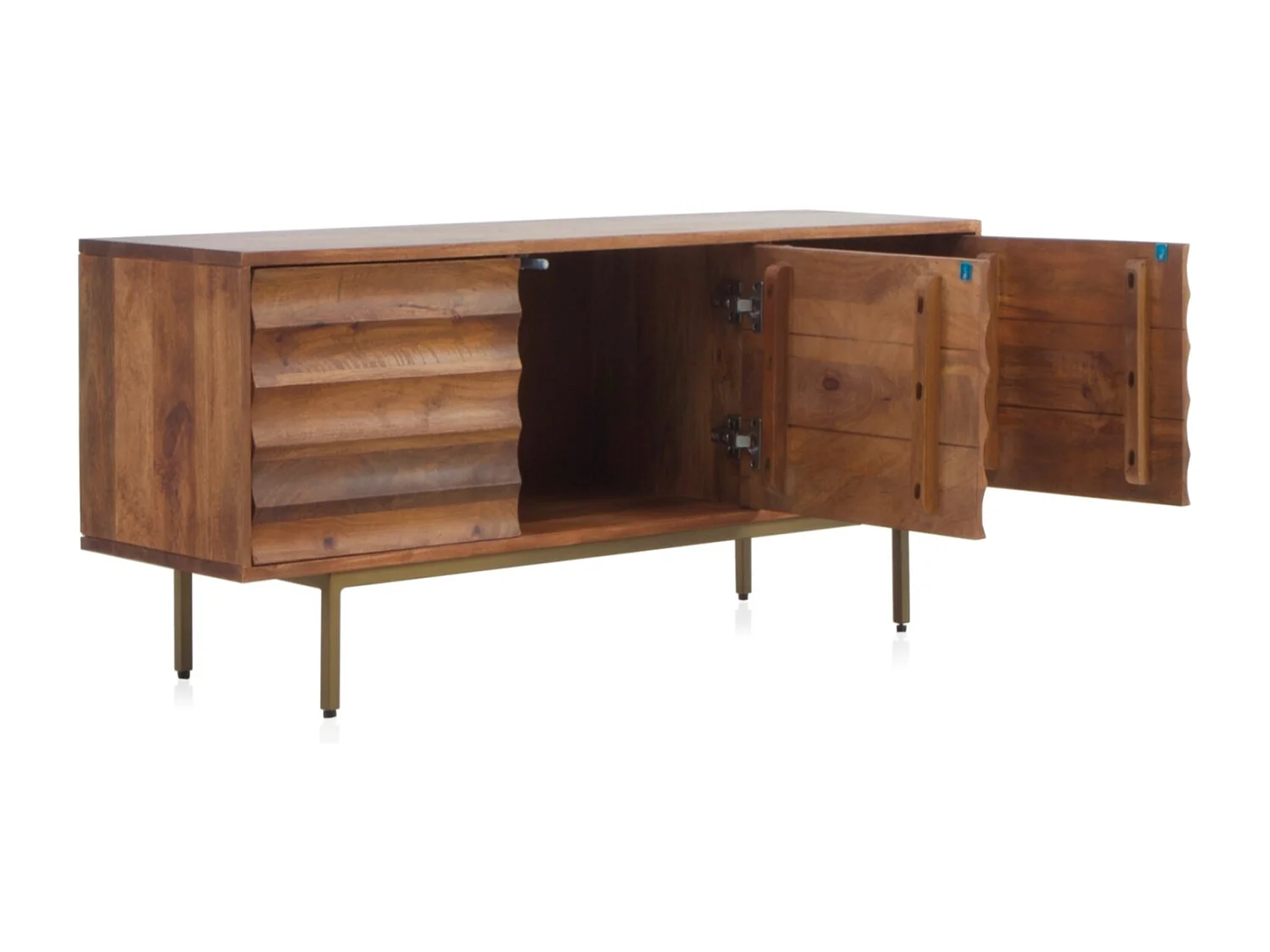 Mueble TV 3 puertas madera de mango maciza y patas de metal dorado