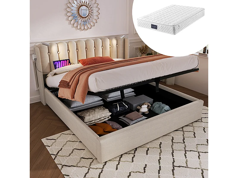 Lit coffre Lit double rembourré Lit de lecture avec fonction de chargement Tête de lit Espace de rangement Cadre de lit en Lin 140x200 cm Naturel - Avec matelas