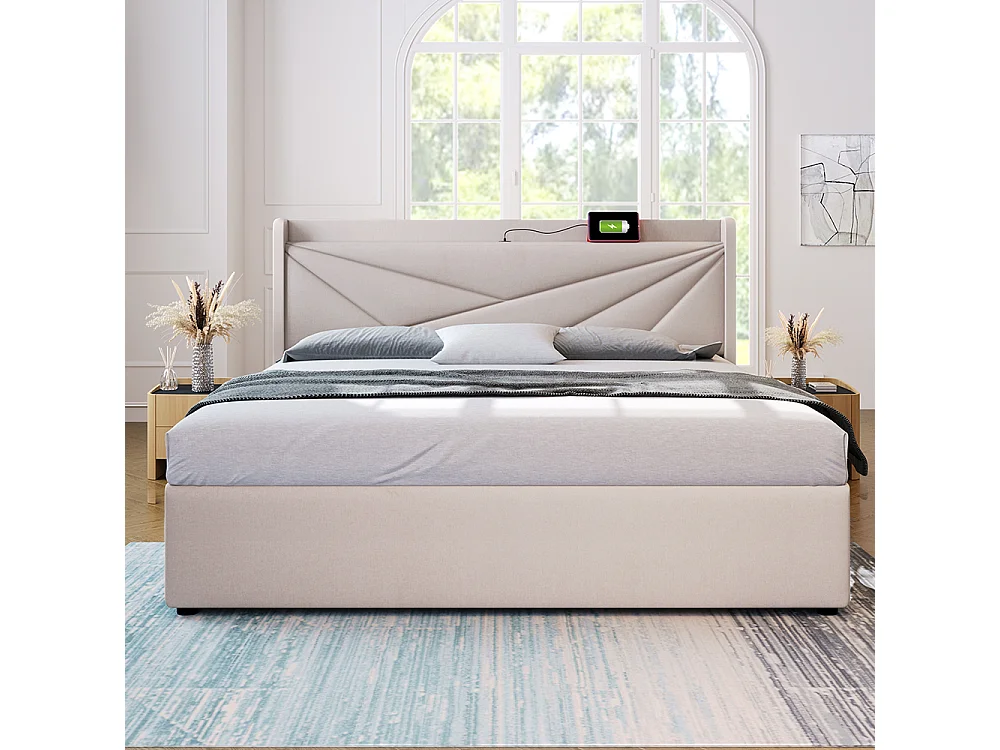 Lit coffre Lit double rembourré Lit de rangement Tête de lit avec fonction de chargement USB Lit de jeune Lit 180x200 cm Beige