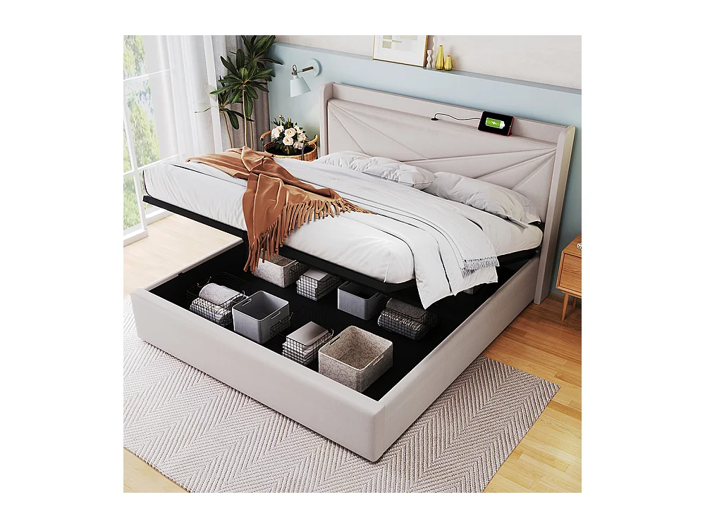 Lit coffre Lit double rembourré Lit de rangement Tête de lit avec fonction de chargement USB Lit de jeune Lit 180x200 cm Beige