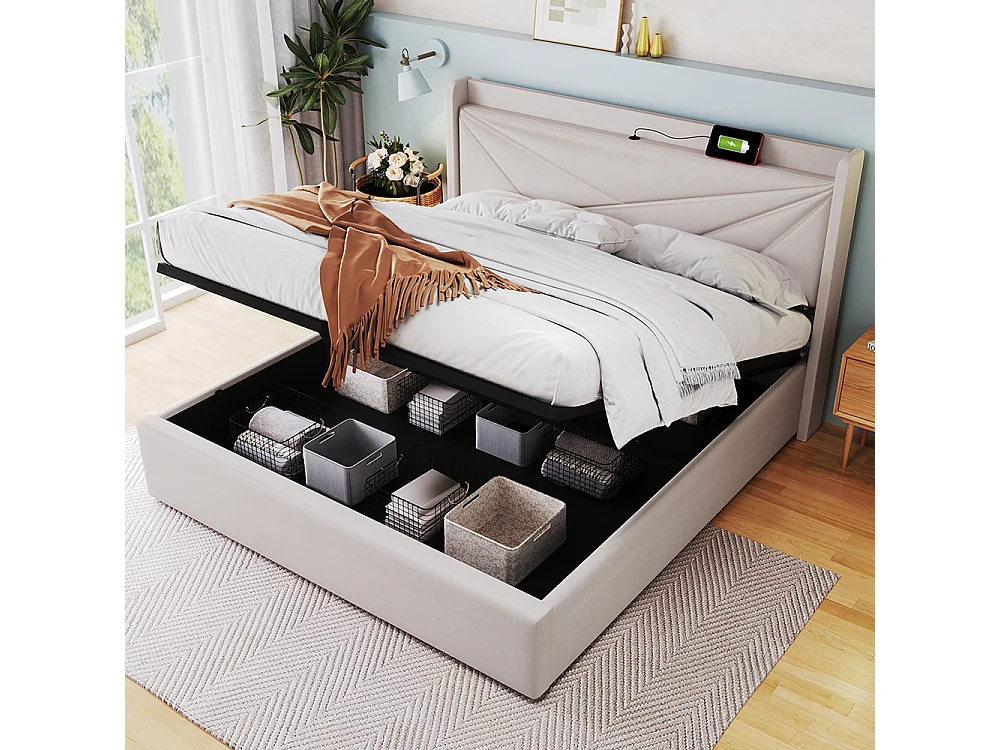 Lit coffre Lit double rembourré Lit de rangement Tête de lit avec fonction de chargement USB Lit de jeune Lit 180x200 cm Beige