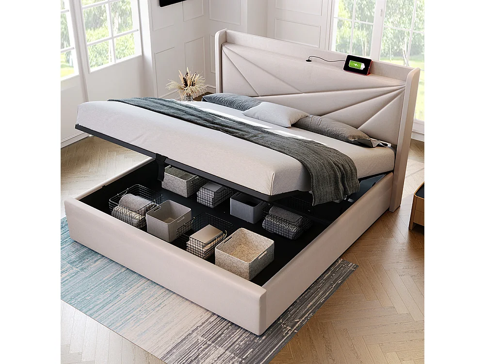 Lit coffre Lit double rembourré Lit de rangement Tête de lit avec fonction de chargement USB Lit de jeune Lit 180x200 cm Beige