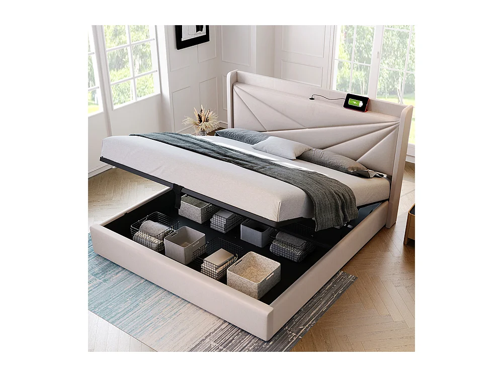 Lit coffre Lit double rembourré Lit de rangement Tête de lit avec fonction de chargement USB Lit de jeune Lit 140x200 cm Beige