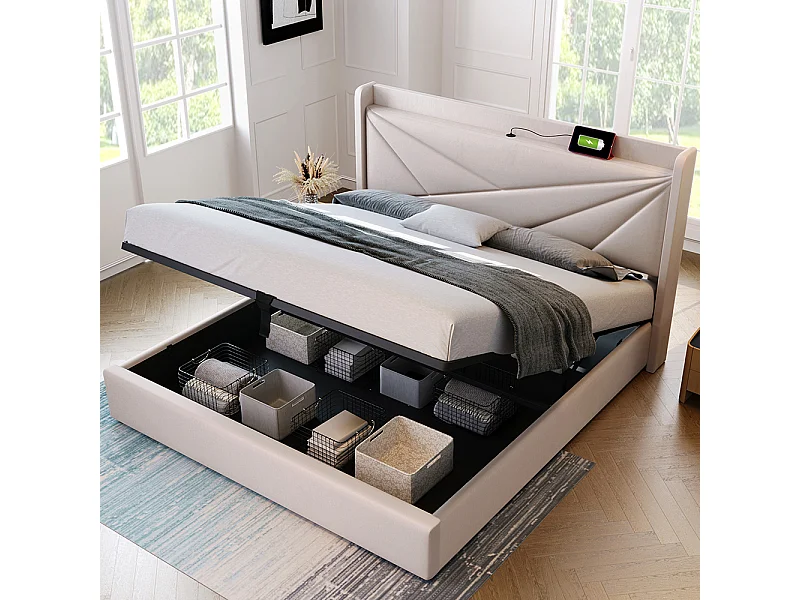 Lit coffre Lit double rembourré Lit de rangement Tête de lit avec fonction de chargement USB Lit de jeune Lit 140x200 cm Beige