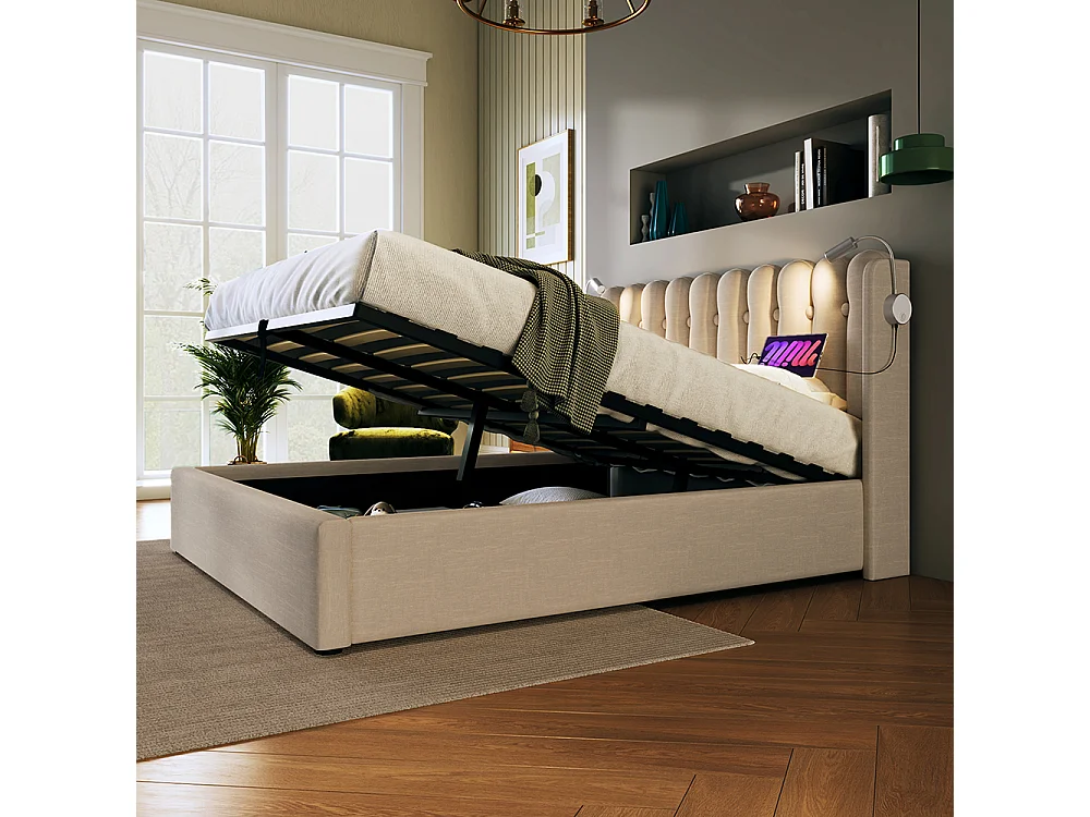 Lit coffre Lit double rembourré Lit de lecture avec fonction de chargement Tête de lit Espace de rangement Cadre de lit en Lin 160x200 cm Naturel - Avec matelas