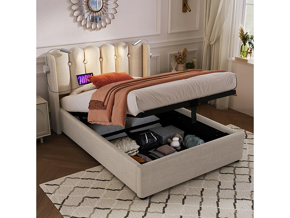 Lit coffre Lit simple rembourré Tête de lit Espace de rangement Cadre de lit en Lin Lit d'adolescent 90x200 avec sommier à lattes Naturel