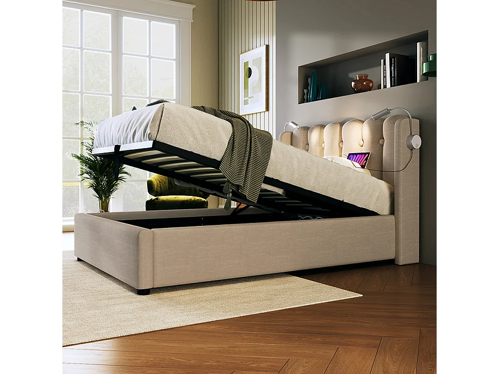 Lit coffre Lit simple rembourré Tête de lit Espace de rangement Cadre de lit en Lin Lit d'adolescent 90x200 avec sommier à lattes Naturel