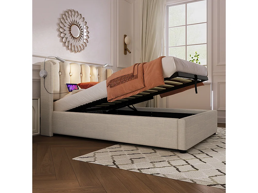 Lit coffre Lit simple rembourré Tête de lit Espace de rangement Cadre de lit en Lin Lit d'adolescent 90x200 avec sommier à lattes Naturel-Avec matelas