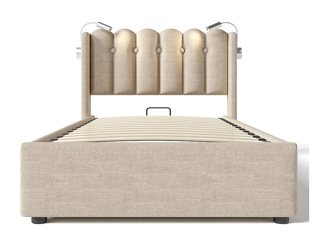 Lit coffre Lit simple rembourré Tête de lit Espace de rangement Cadre de lit en Lin Lit d'adolescent 90x200 avec sommier à lattes Naturel-Avec matelas