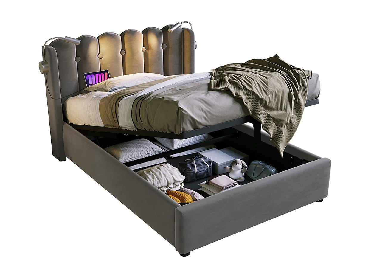 Lit coffre Lit simple rembourré Tête de lit Espace de rangement Cadre de lit en velours Lit d'adolescent 90x200 avec sommier à lattes Gris-Avec matelas