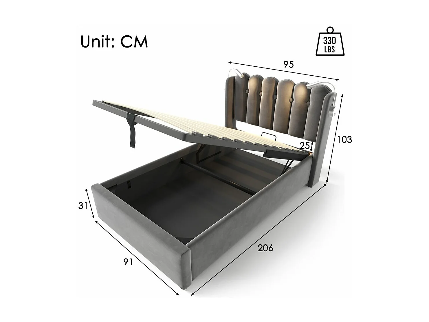 Lit coffre Lit simple rembourré Tête de lit Espace de rangement Cadre de lit en velours Lit d'adolescent 90x200 avec sommier à lattes Gris-Avec matelas