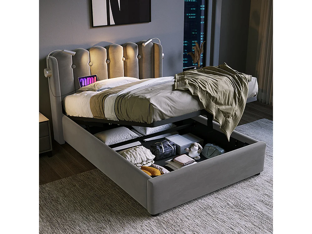 Lit coffre Lit simple rembourré Tête de lit Espace de rangement Cadre de lit en velours Lit d'adolescent 90x200 avec sommier à lattes Gris-Avec matelas