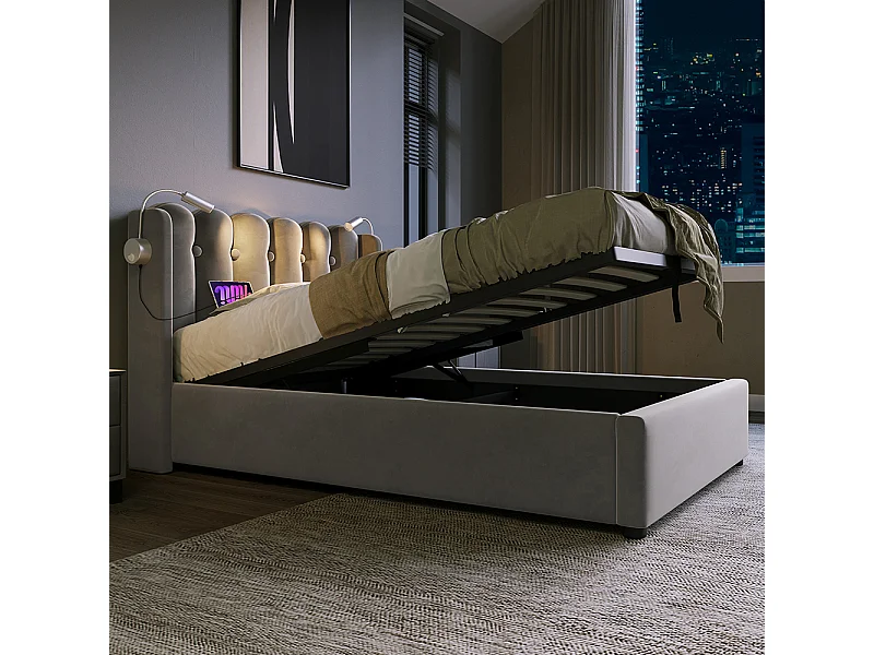 Lit coffre Lit simple rembourré Tête de lit Espace de rangement Cadre de lit en velours Lit d'adolescent 90x200 avec sommier à lattes Gris-Avec matelas