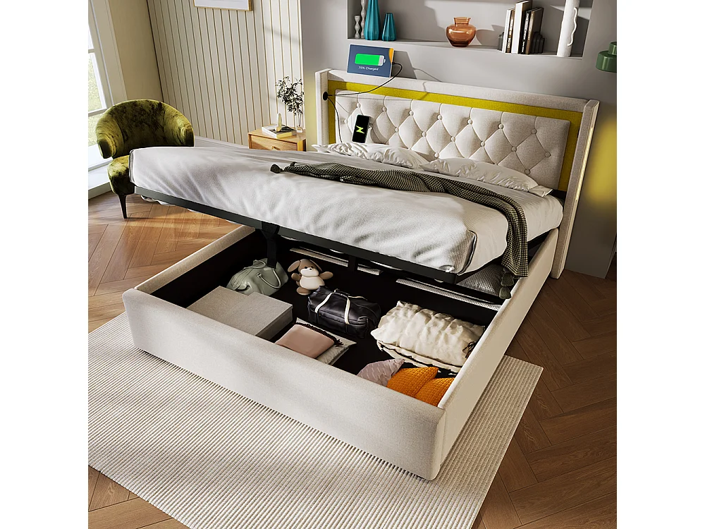 Lit coffre Lit double LED avec rangement et tête de lit USB type C lit de rangement lit d'adolescent 140x200 cm