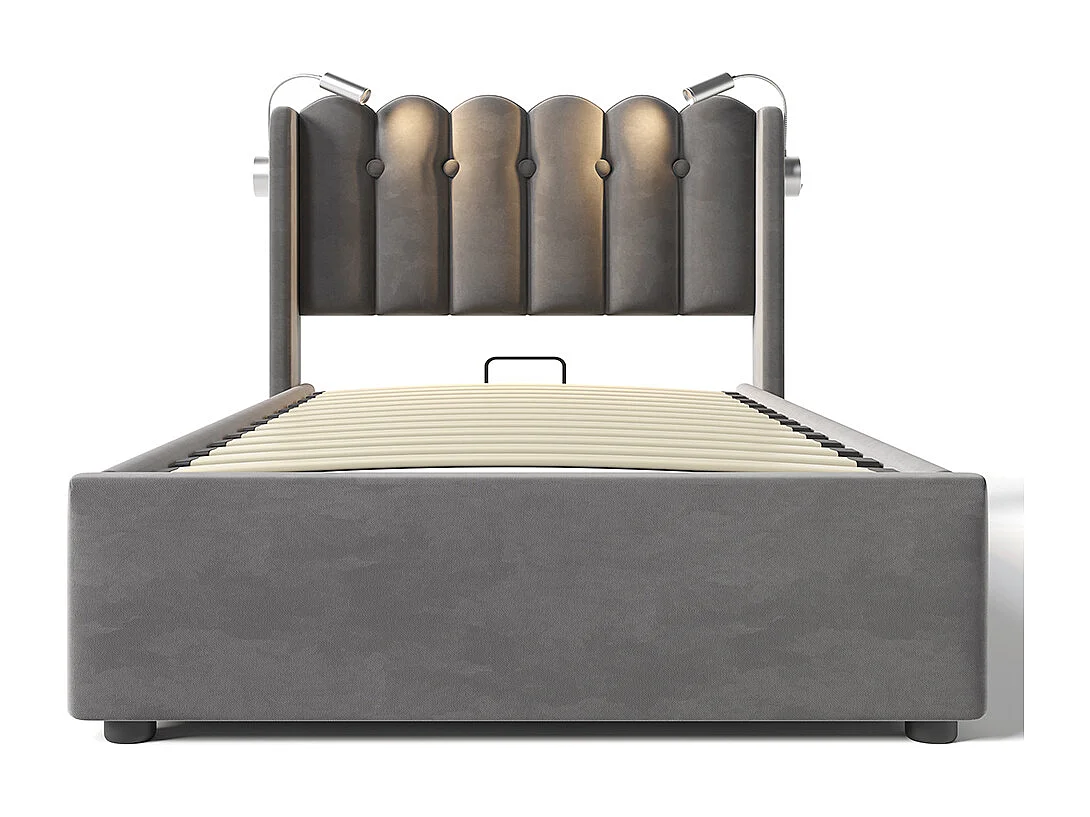 Lit coffre Lit simple rembourré Tête de lit Espace de rangement Cadre de lit en velours Lit d'adolescent 90x200 avec sommier à lattes Gris