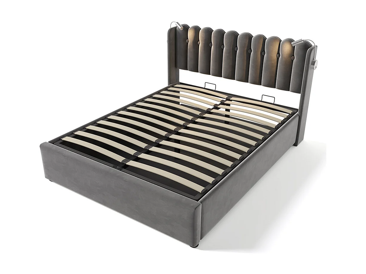 Lit coffre Lit double rembourré Lit de lecture avec fonction de chargement Tête de lit Espace de rangement Cadre de lit en velours 160x200 cm Gris
