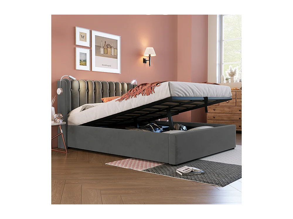Lit coffre Lit double rembourré Lit de lecture avec fonction de chargement Tête de lit Espace de rangement Cadre de lit en velours 160x200 cm Gris
