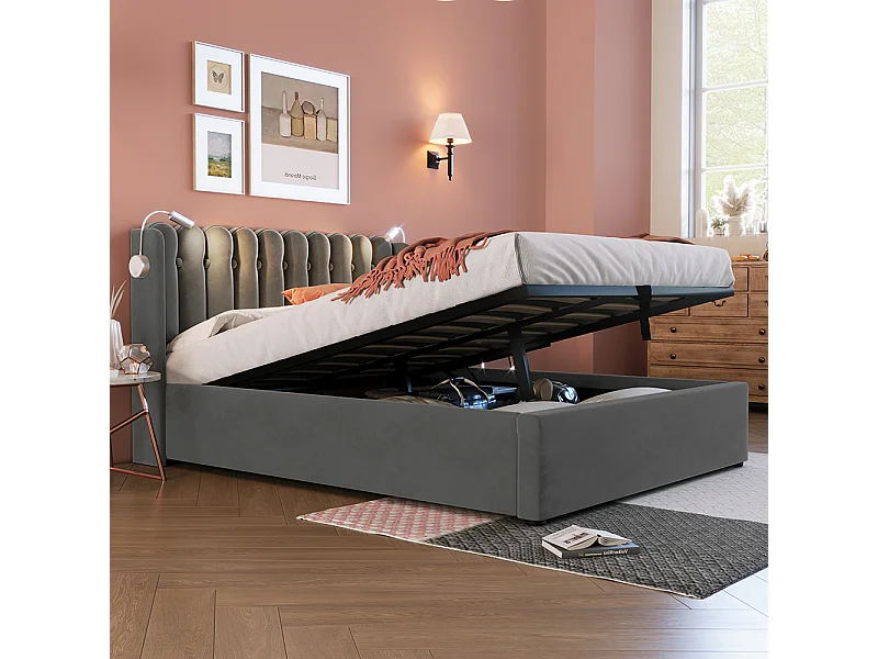 Lit coffre Lit double rembourré Lit de lecture avec fonction de chargement Tête de lit Espace de rangement Cadre de lit en velours 160x200 cm Gris
