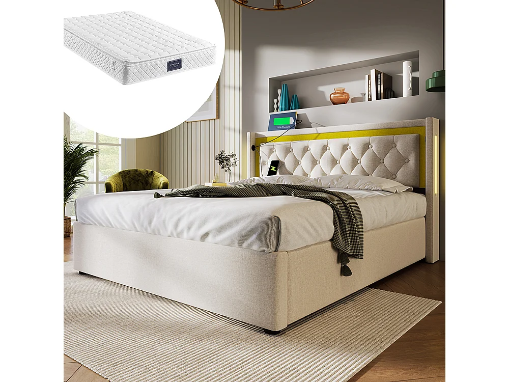 Lit coffre Lit double LED avec rangement et tête de lit USB type C lit de rangement lit d'adolescent 160x200 cm-Avec matelas