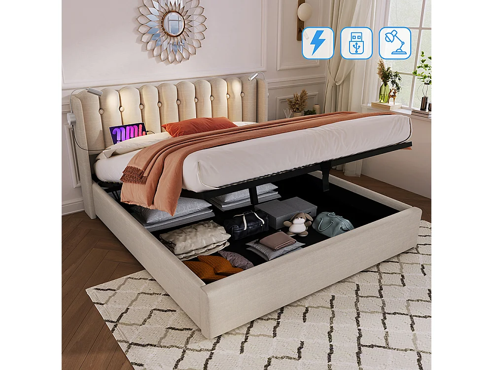 Lit coffre Lit double rembourré Lit de lecture avec fonction de chargement Tête de lit Espace de rangement Cadre de lit en Lin 160x200 cm Naturel