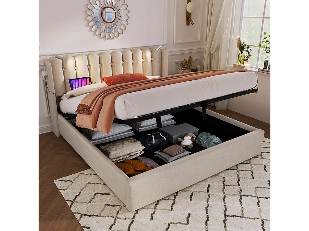 Lit coffre Lit double rembourré Lit de lecture avec fonction de chargement Tête de lit Espace de rangement Cadre de lit en Lin 160x200 cm Naturel