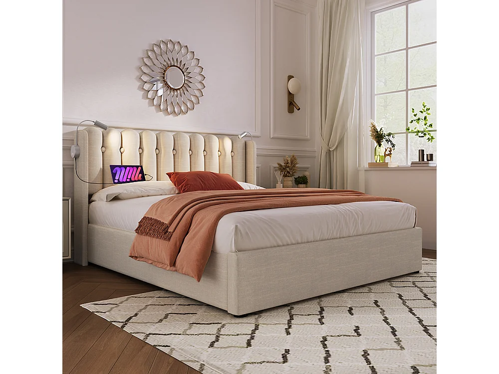 Lit coffre Lit double rembourré Lit de lecture avec fonction de chargement Tête de lit Espace de rangement Cadre de lit en Lin 160x200 cm Naturel