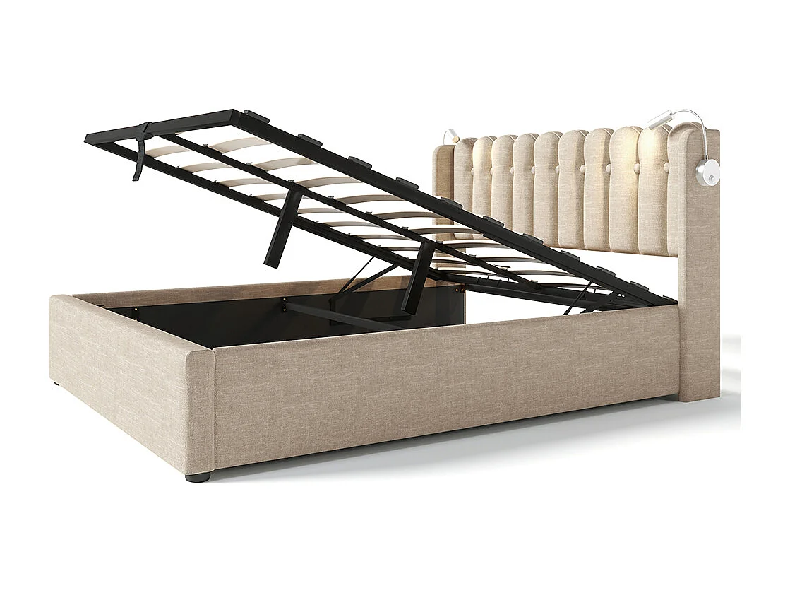 Lit coffre Lit double rembourré Lit de lecture avec fonction de chargement Tête de lit Espace de rangement Cadre de lit en Lin 140x200 cm Naturel