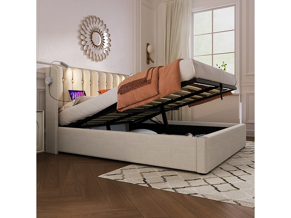 Lit coffre Lit double rembourré Lit de lecture avec fonction de chargement Tête de lit Espace de rangement Cadre de lit en Lin 140x200 cm Naturel