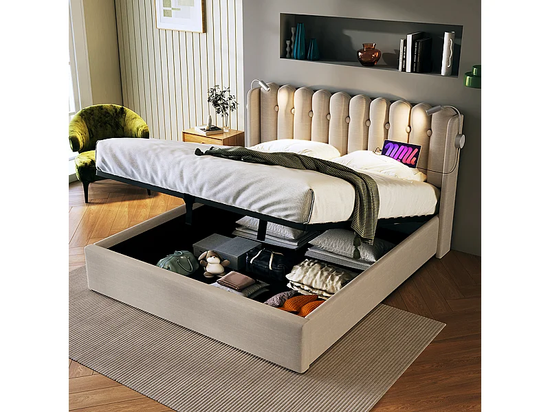 Lit coffre Lit double rembourré Lit de lecture avec fonction de chargement Tête de lit Espace de rangement Cadre de lit en Lin 140x200 cm Naturel
