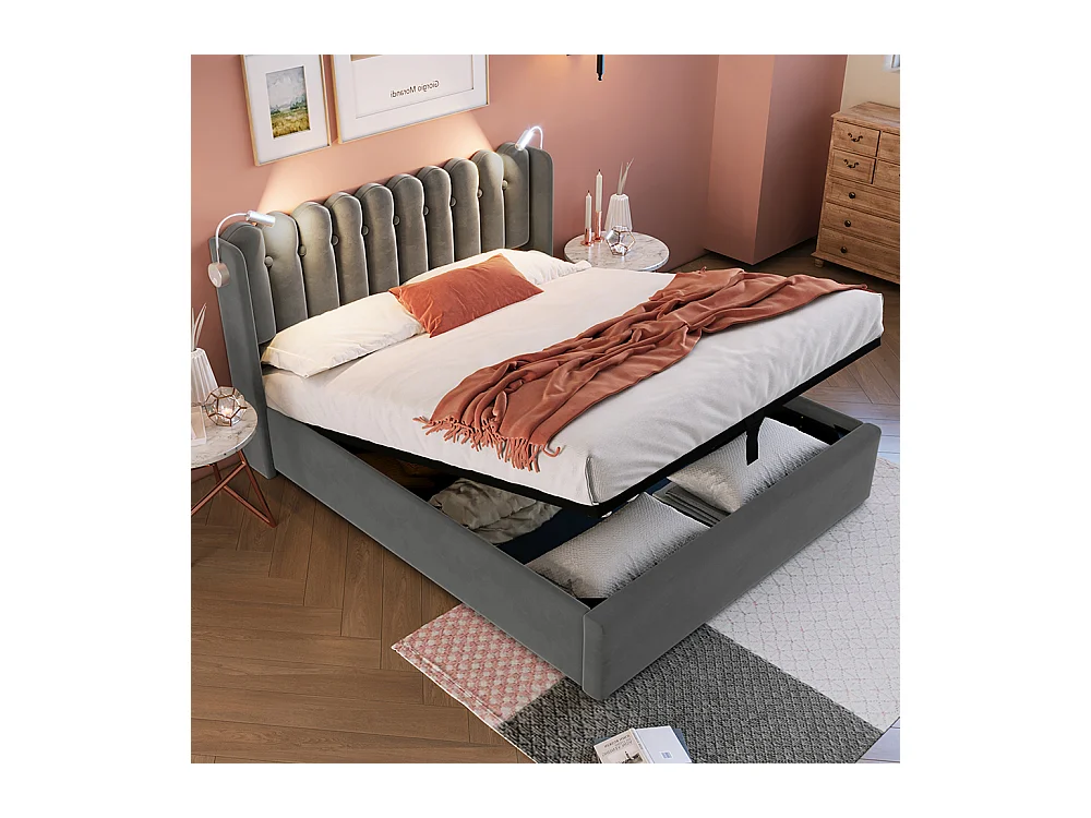 Lit coffre Lit double rembourré Lit de lecture avec fonction de chargement Tête de lit Espace de rangement Cadre de lit en velours 140x200 cm Gris