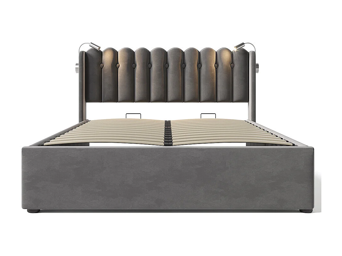 Lit coffre Lit double rembourré Lit de lecture avec fonction de chargement Tête de lit Espace de rangement Cadre de lit en velours 140x200 cm Gris