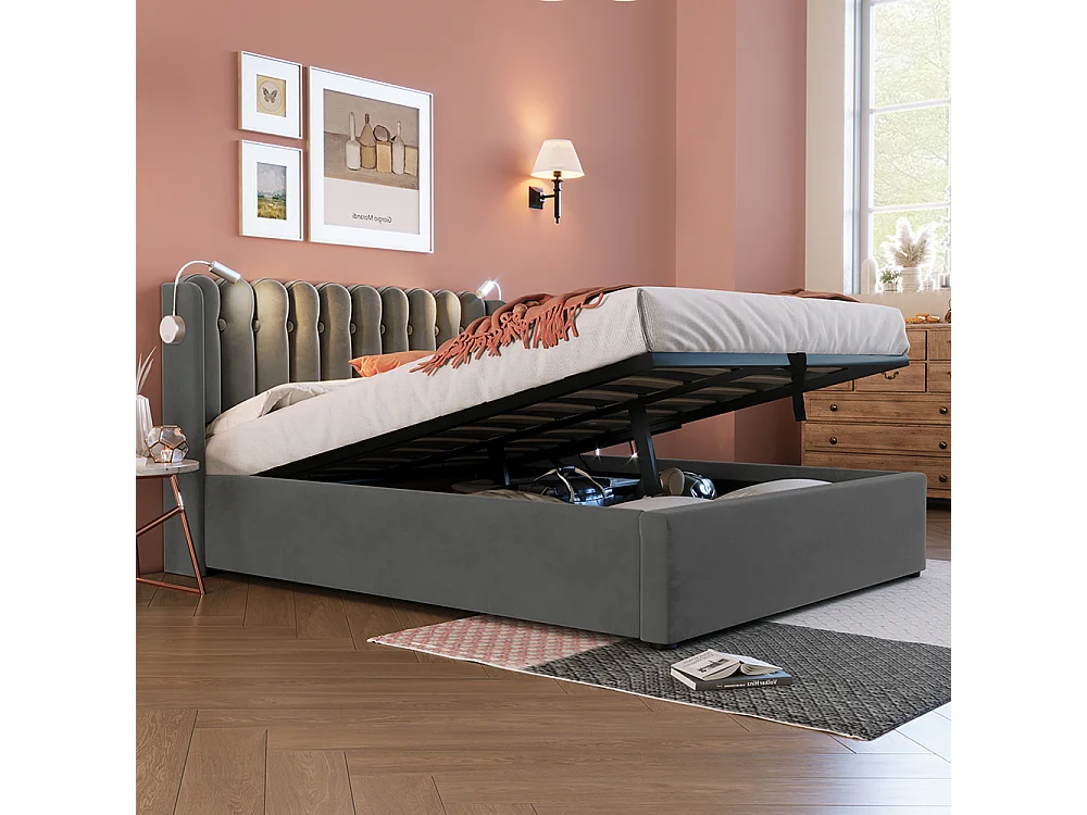 Lit coffre Lit double rembourré Lit de lecture avec fonction de chargement Tête de lit Espace de rangement Cadre de lit en velours 140x200 cm Gris