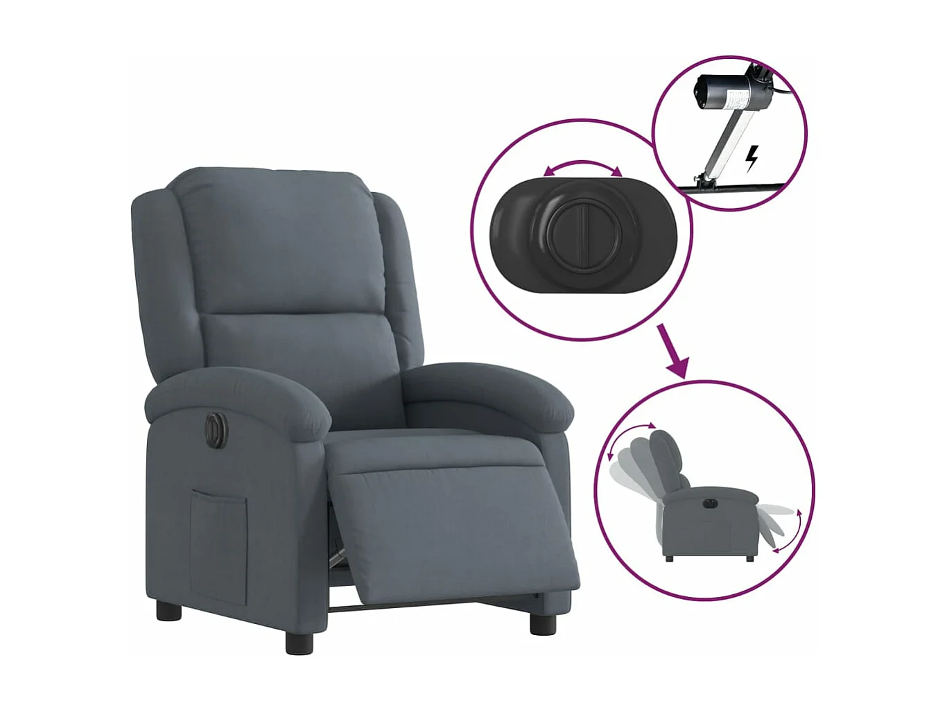 Sillón reclinable eléctrico de terciopelo gris oscuro