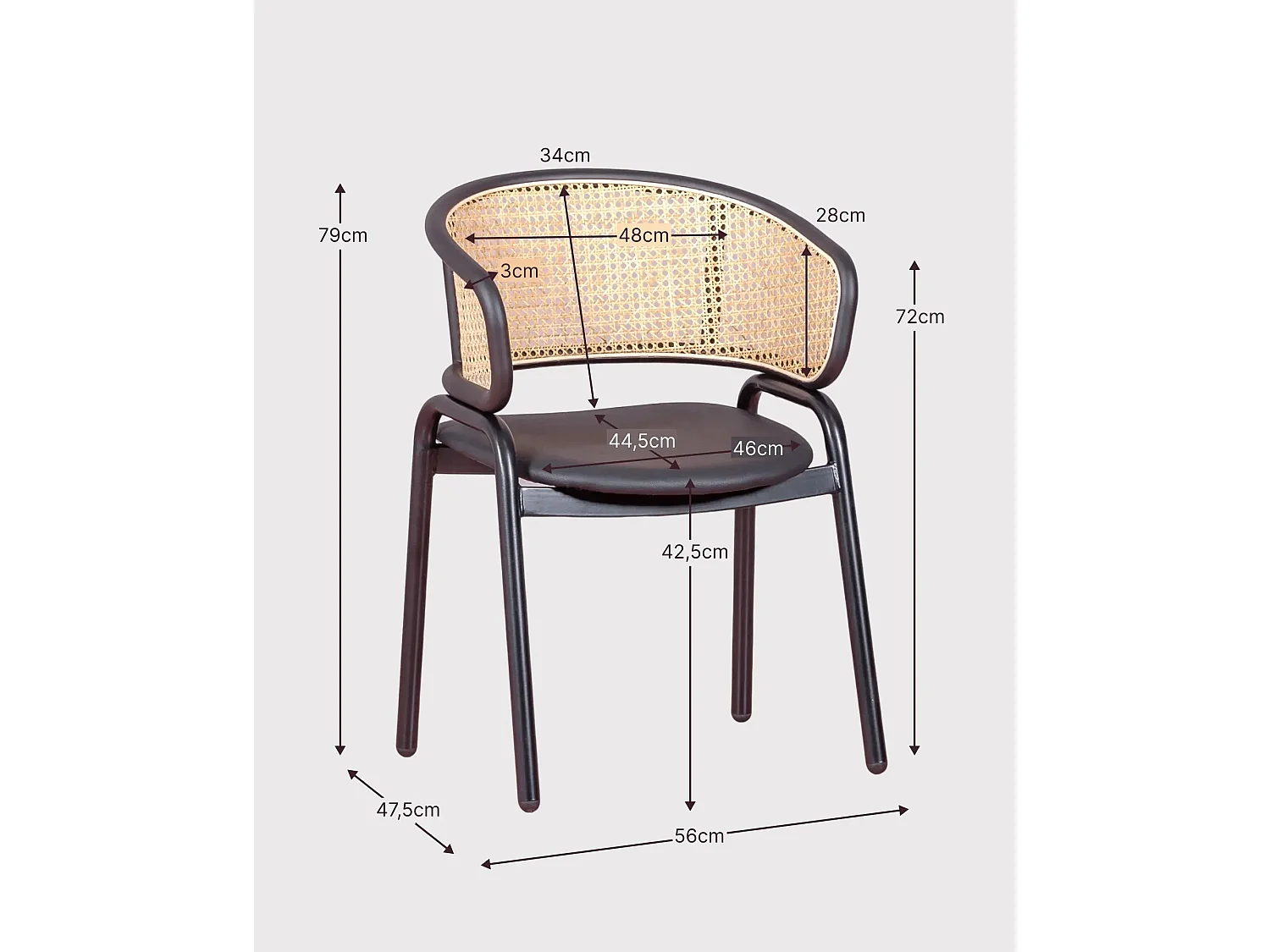 Sedia con braccioli in metallo con schienale in rattan naturale - Morley - Nero