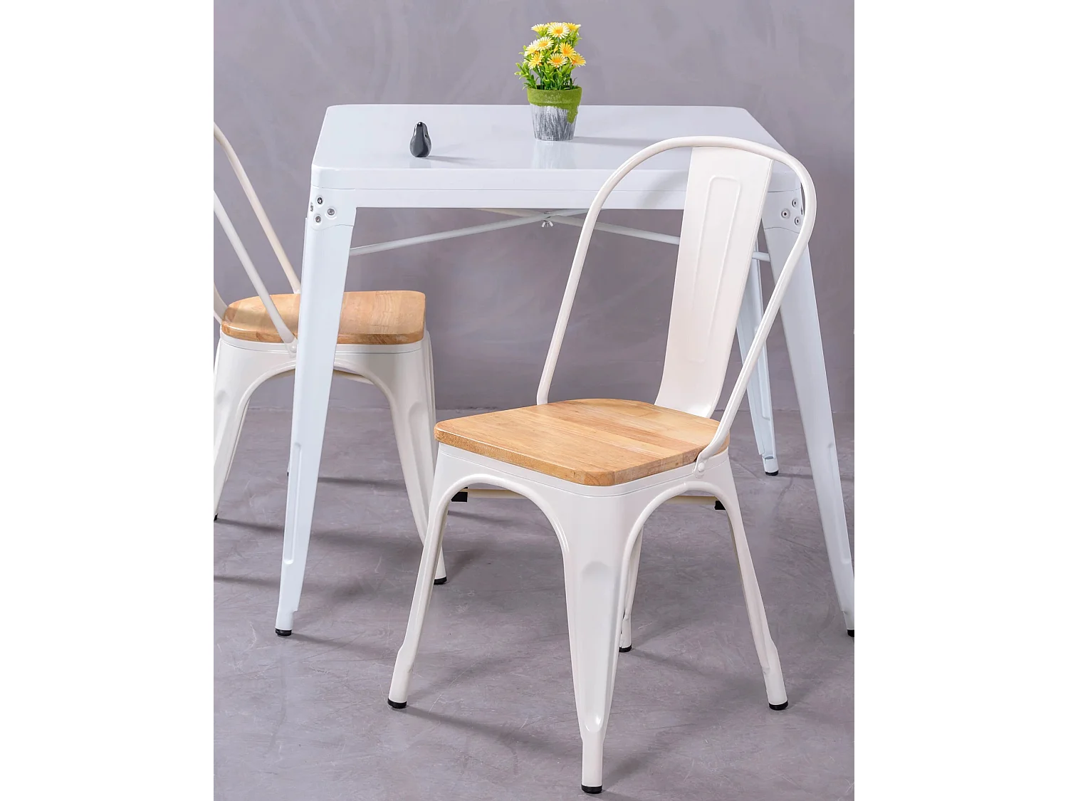 Set van 4 metalen stoelen met houten zitting - Bistro - Wit