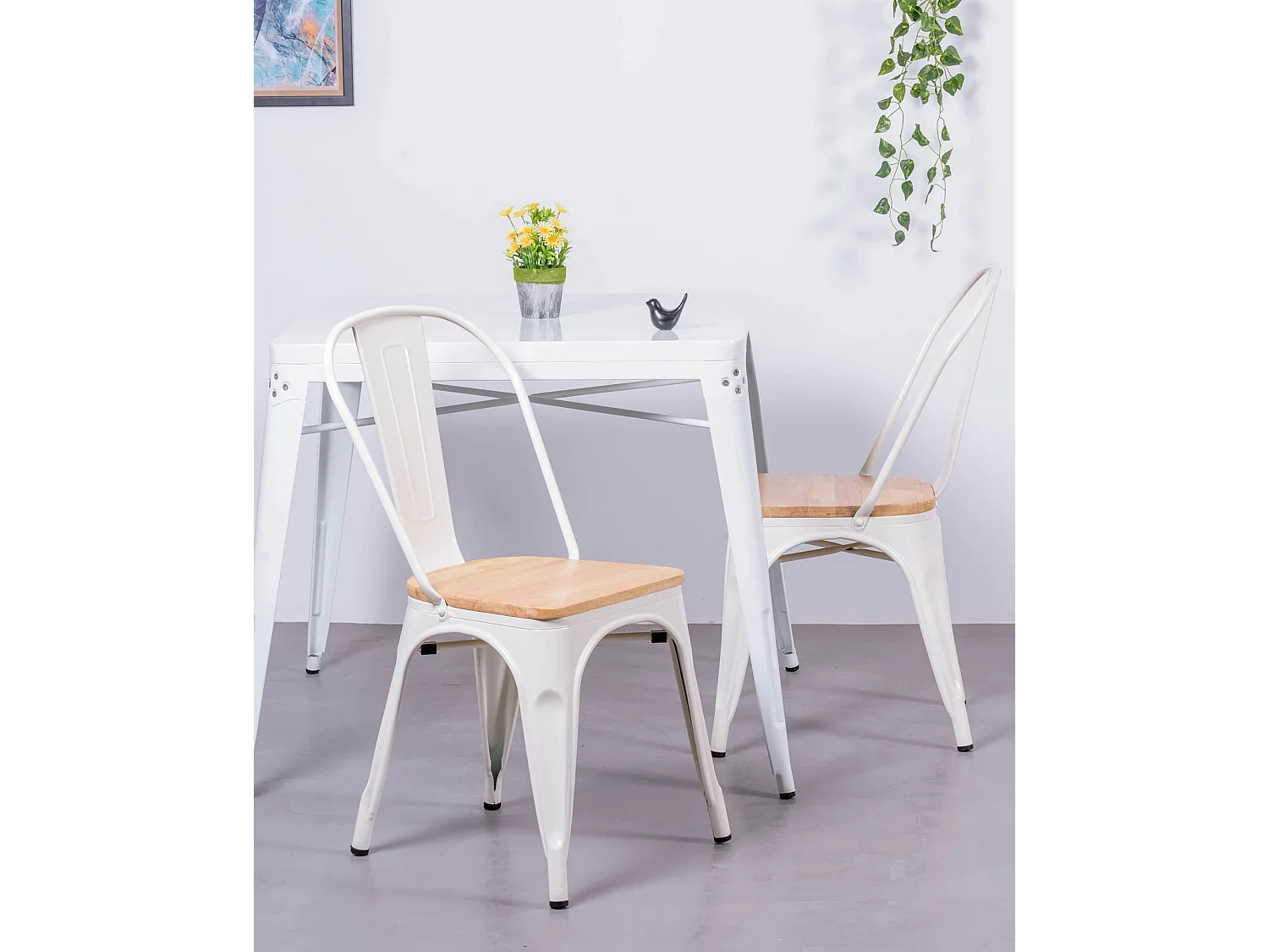 Set van 4 metalen stoelen met houten zitting - Bistro - Wit