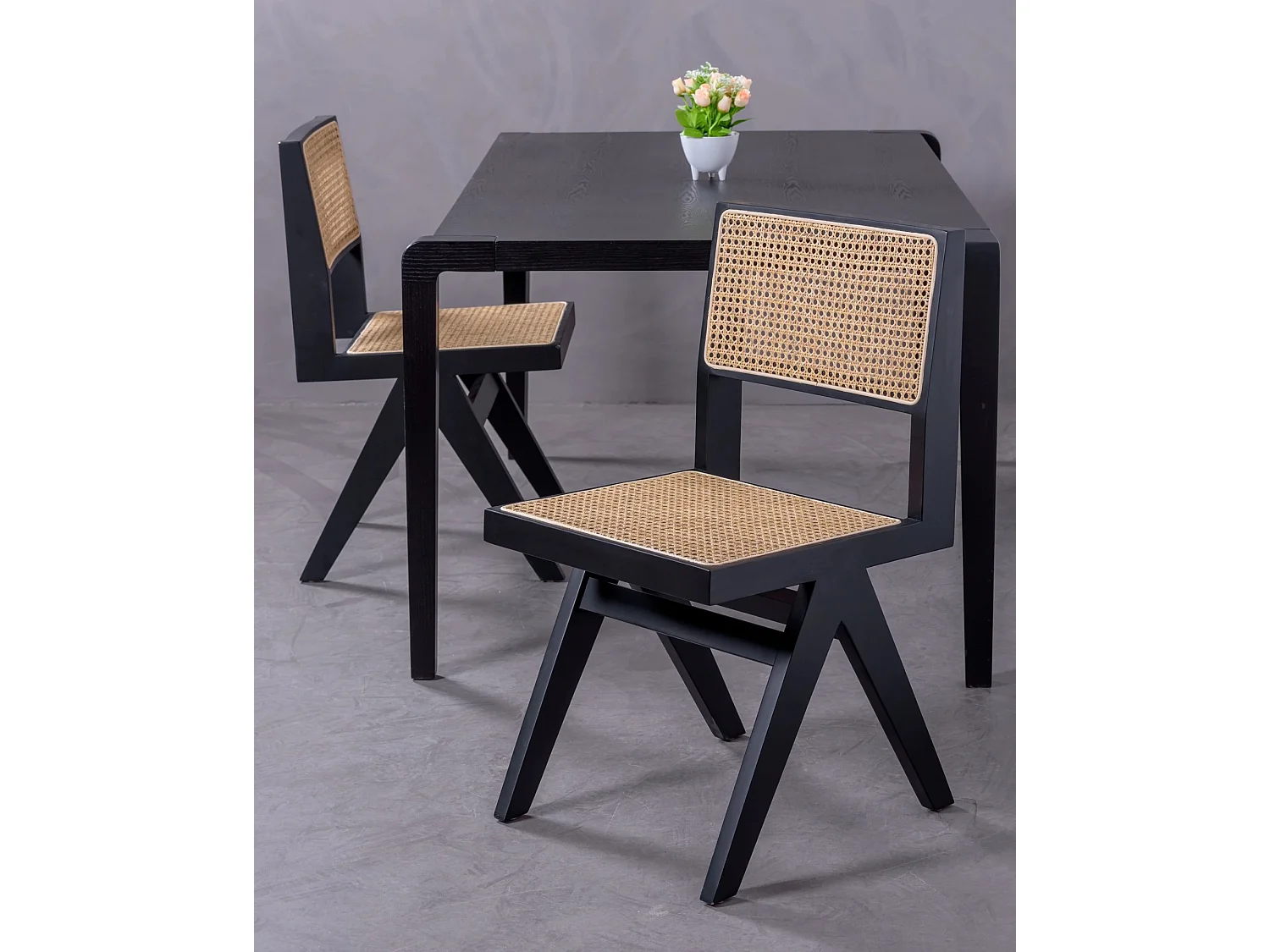 Lot de 2 chaises classiques en bois et rotin naturel - Compass - Noir