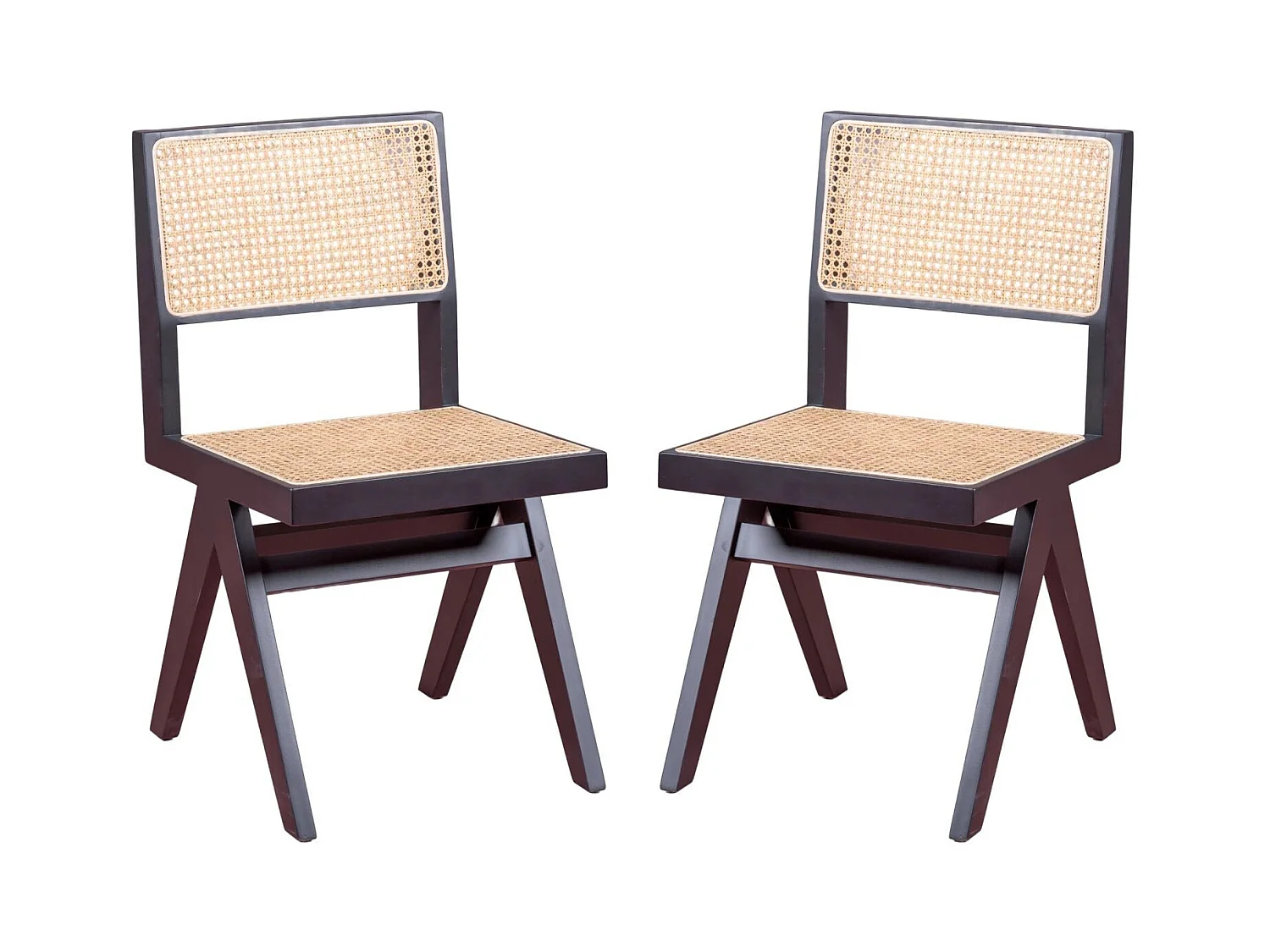 Set mit 2 klassischen Stühlen aus Holz und natürlichem Rattan - Compass - Schwarz