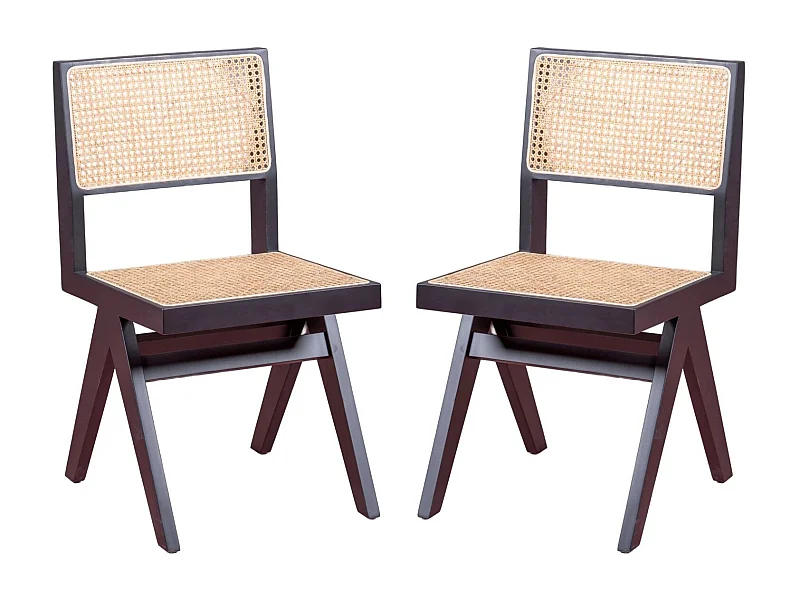 Lotto di 2 sedie classiche in legno e rattan naturale - Compass - Nero